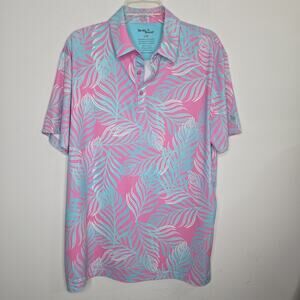 Birdie Bound Golf Polo Shirt Mens Large L Pink Blue Tropical Leaf Print Performa